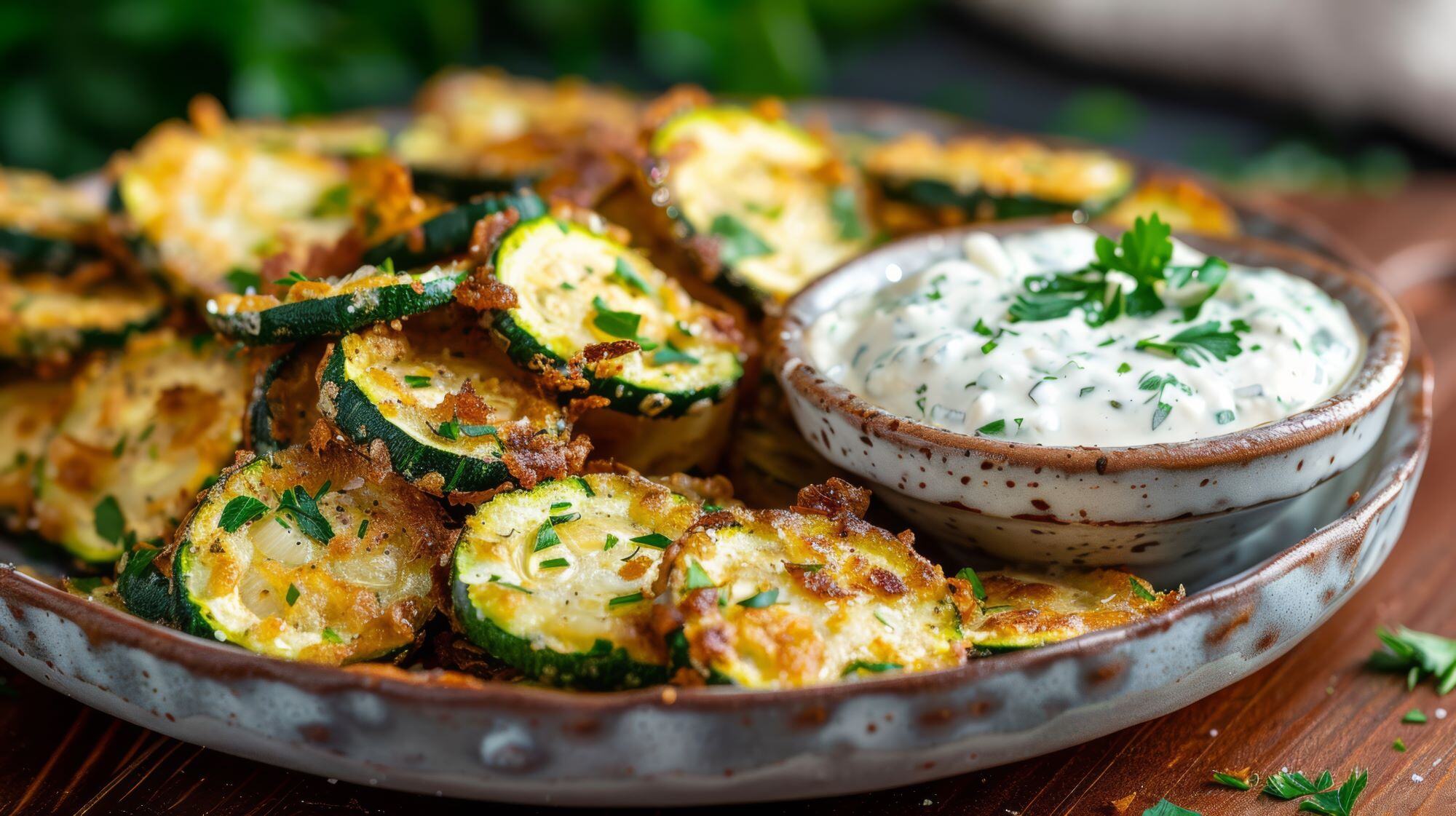 A plate of crispy fried zucchini chips with a garlic aioli dip reduced