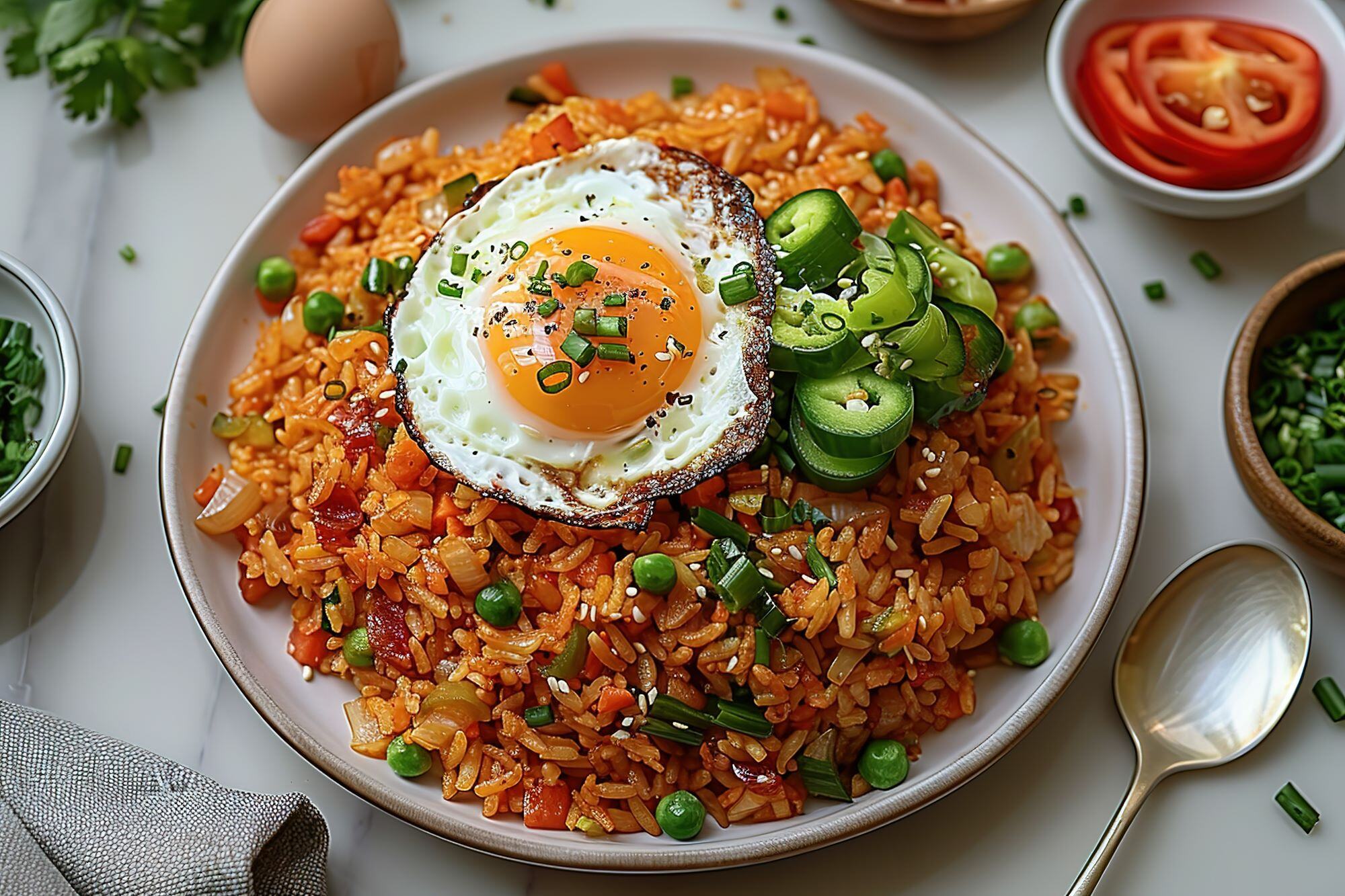 A plate of rice with an egg on top and a spoon next to it reduced