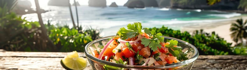 A serving of Peruvian ceviche with fresh fish reduced