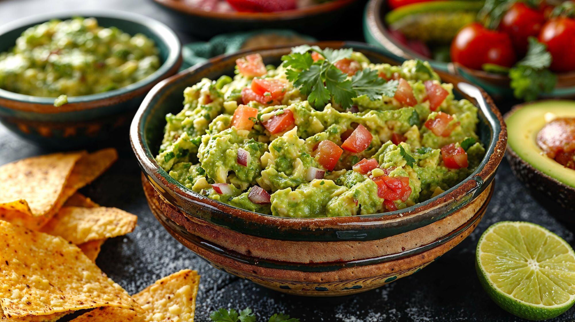 AI generated illustration of traditional guacamole and tortillas in rustic wooden bowl reduced