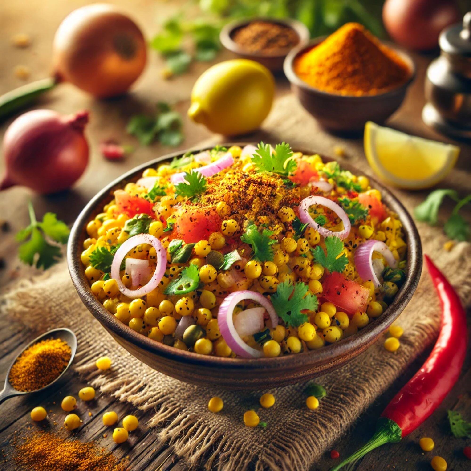 DALL·E 2024-09-23 14.33.40 - A hyper-realistic photo of Spiced Moong Dal Chaat, featuring yellow split moong dal mixed with finely chopped onions, tomatoes, green chili, and fresh