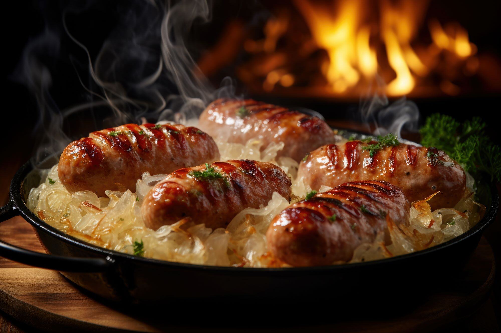 Delicious meal of sausages and sauerkraut being cooked on skillet with fire in background reduced