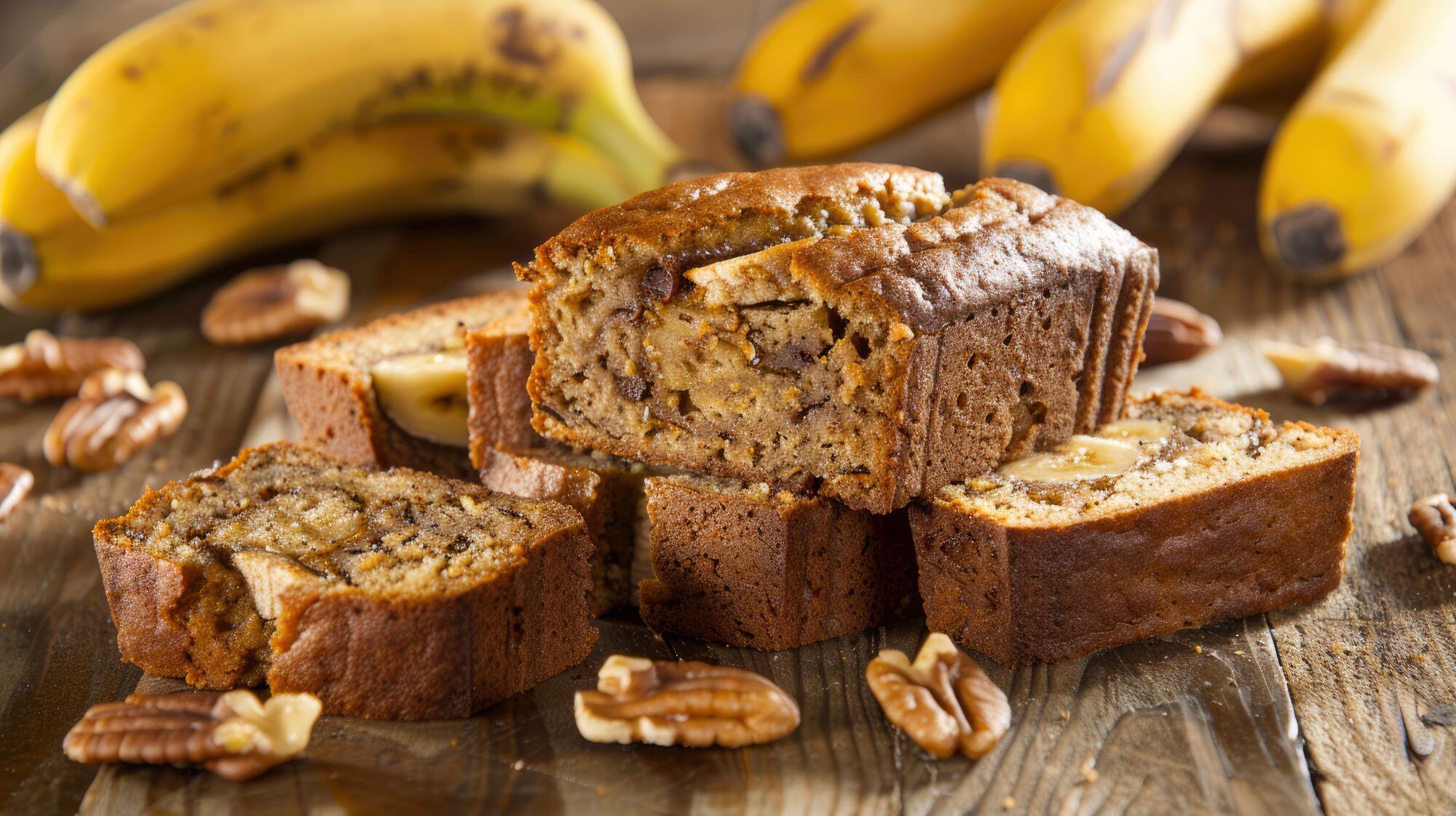 Homemade banana bread on rustic wooden table reduced