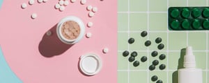 Pink and green background with nutricosmetic pills scattered. Beauty from within concept