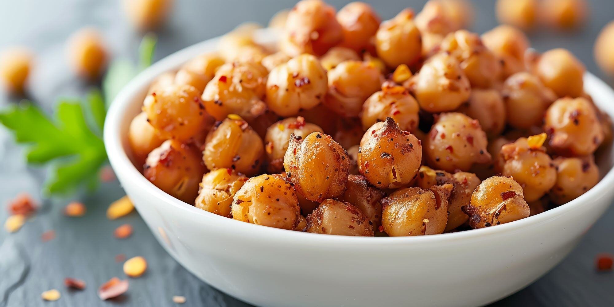 Roasted chickpeas with paprika and garlic powder, served as a high-protein snack reduced