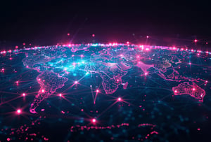 A-world-map-with-glowing-connections-between-cities,-representing-global-connectivity-and-the-flow-of-information-across-borders-in-digital-marketing