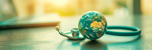 globe with a stethoscope wrapped around it, symbolizing the global impact and reach of healthcare professionals.