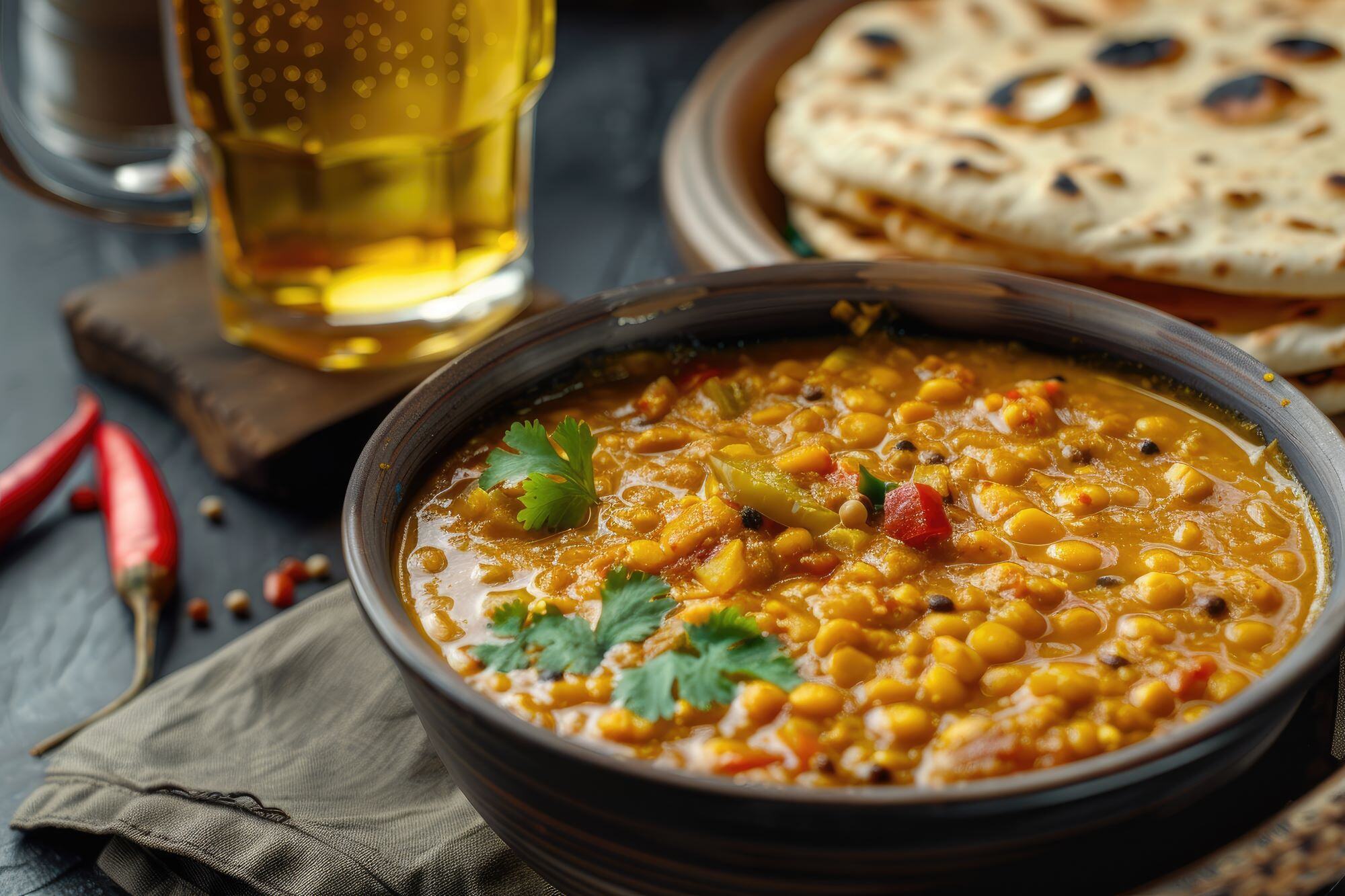 indian-tarka-dal-curry-with-roti-beer reduced