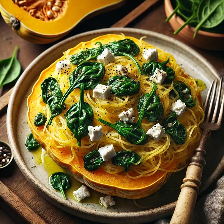 spaghetti squash with sautéed spinach and crumbled feta cheese