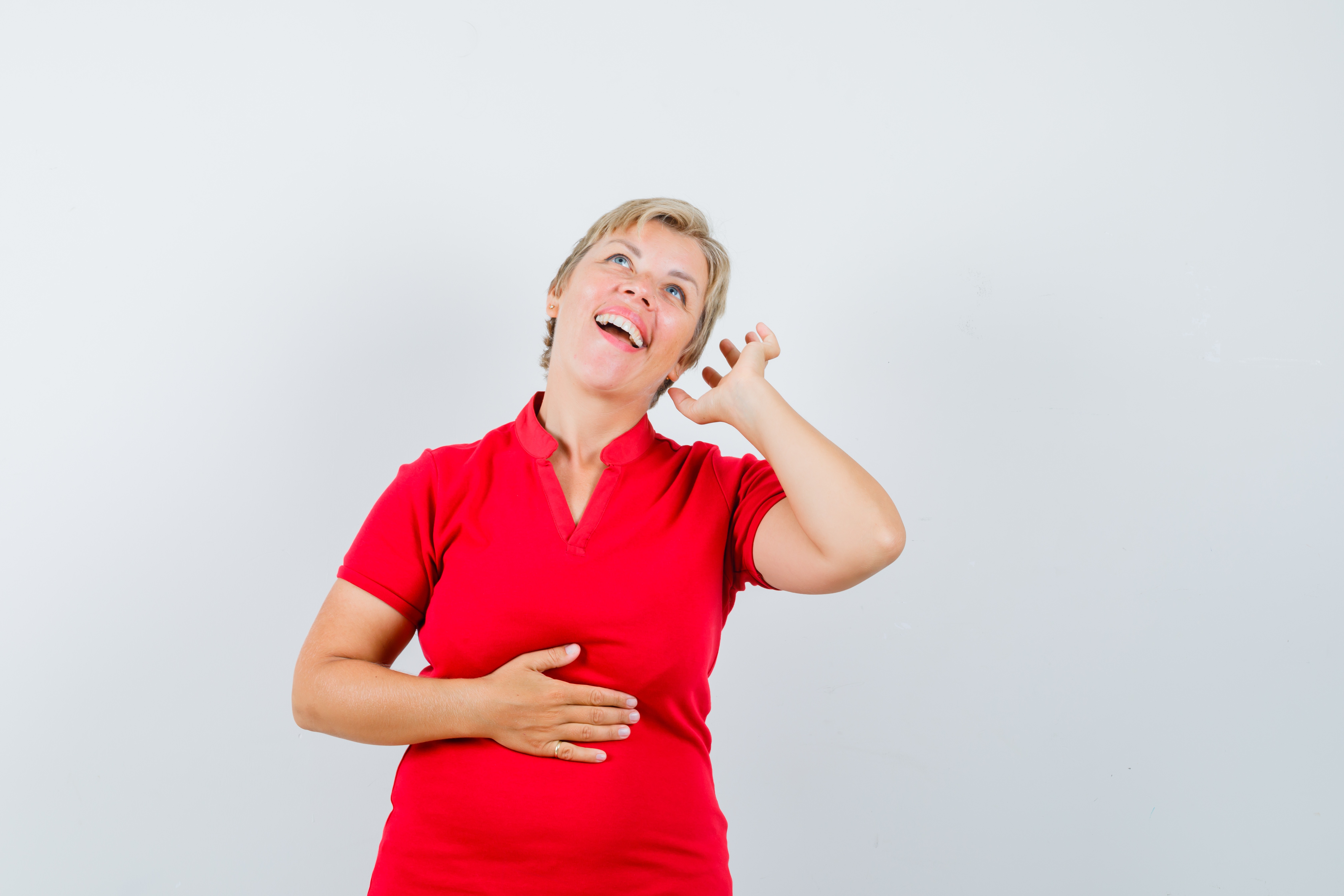 mature-woman-pretending-enjoy-music-with-headphones-red-t-shirt-1